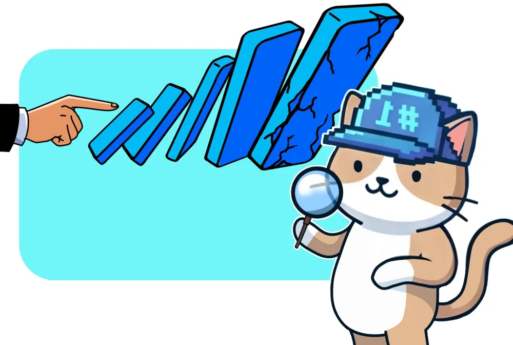 A finger tips over a row of blue dominoes while a cat with a magnifying glass looks on.