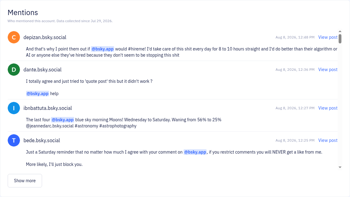 A Bluesky mentions feed listing posts that mention the tracked account, each with the author, the post text and a link to the original post.