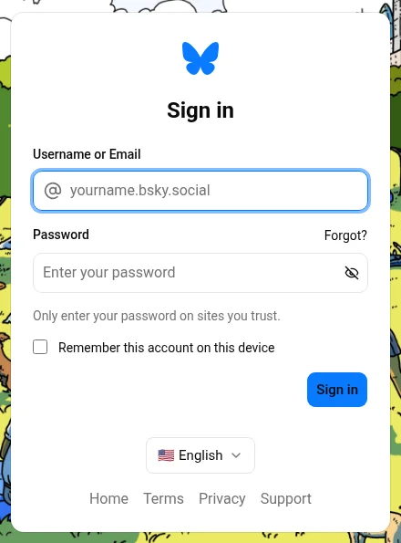Bluesky's account sign-in form with fields for username or email and password.