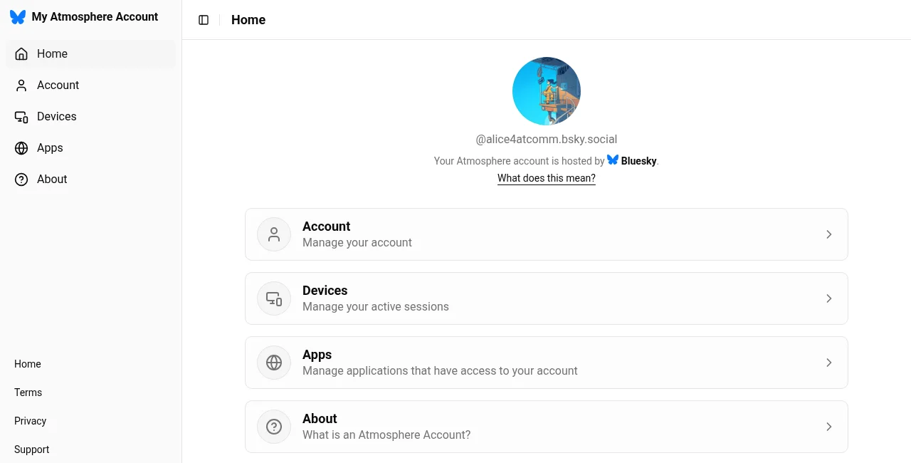 The My Atmosphere Account home page with Account, Devices, Apps and About sections.